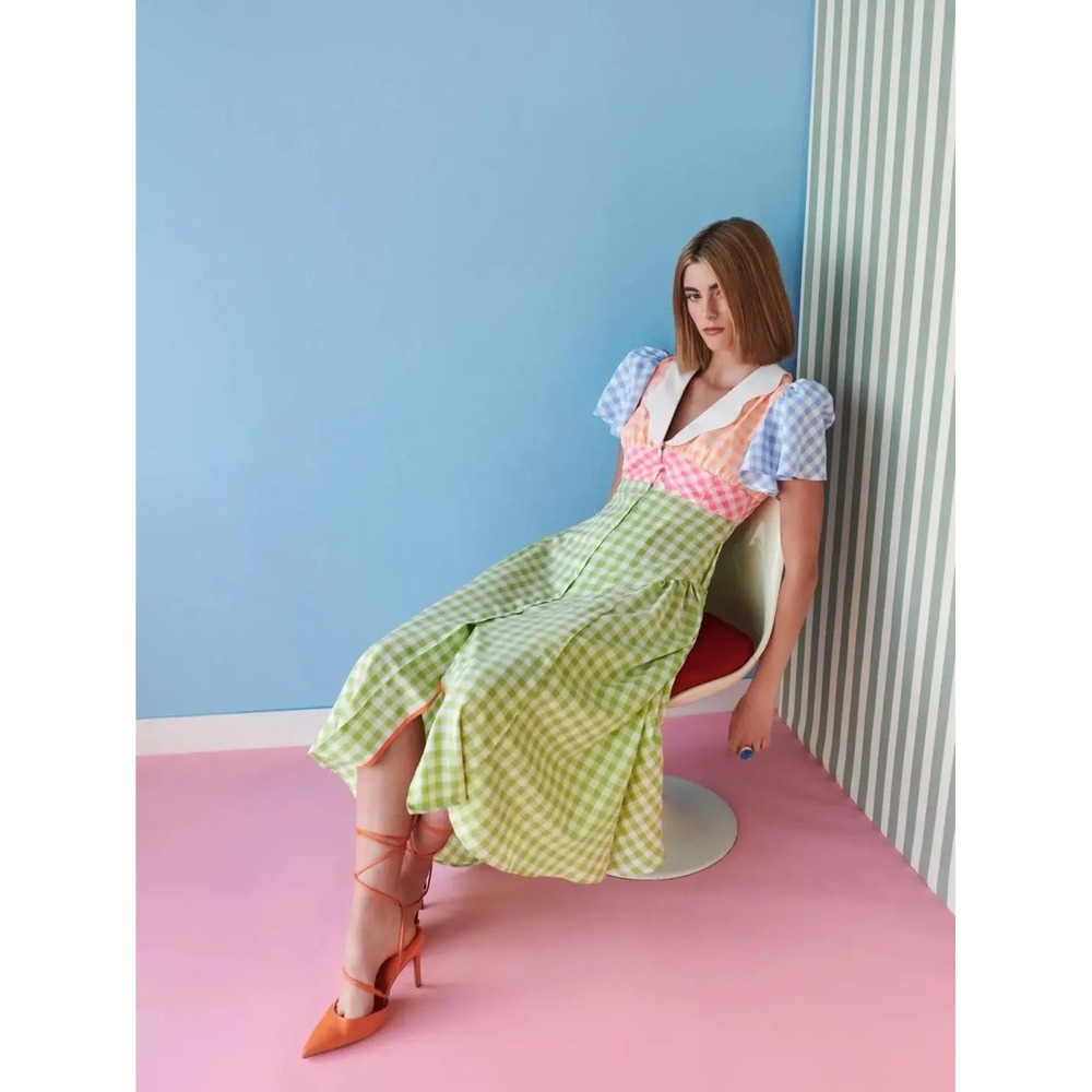 CeliaB Women Cotton Tabi Midi Dress Medium Multicolor Gingham Flutter Maximalist - Picture 3 of 12